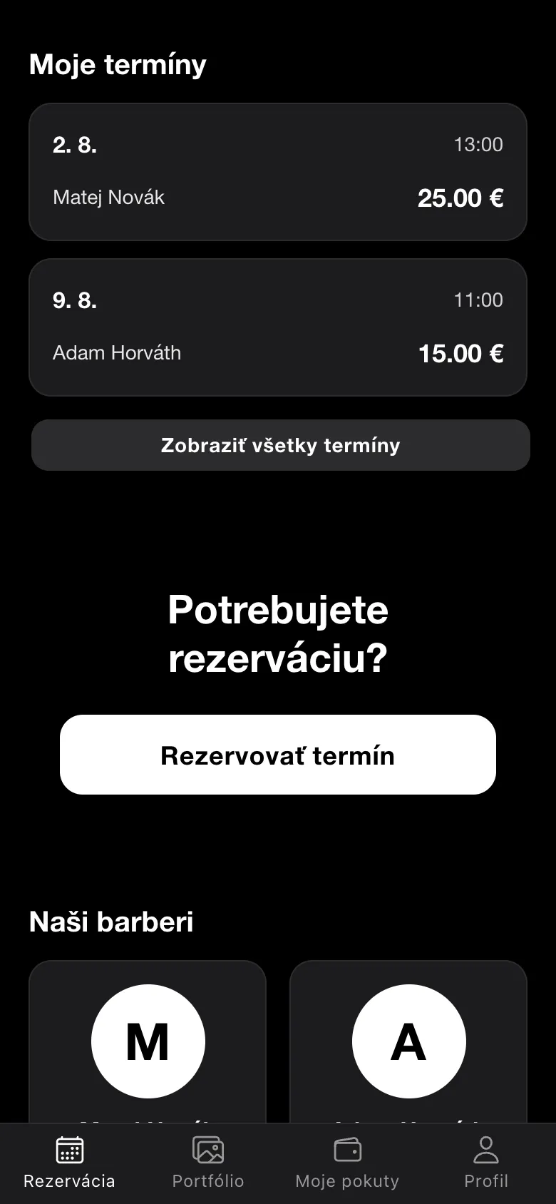 Moje termíny a Naši barberi priamo v appke MyBarber