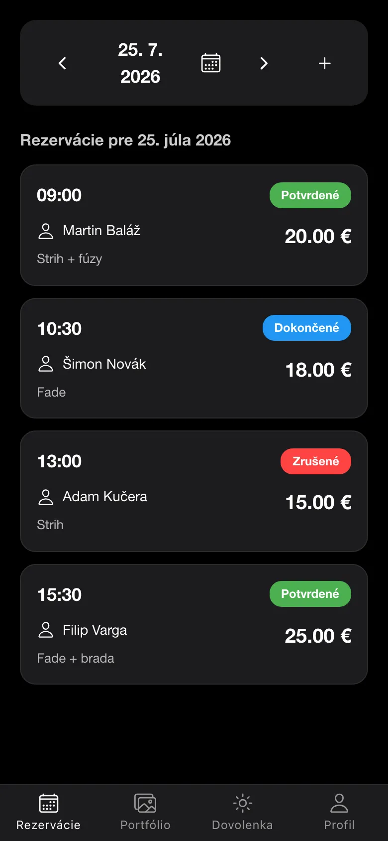 Dnešný kalendár zamestnanca v appke MyBarber